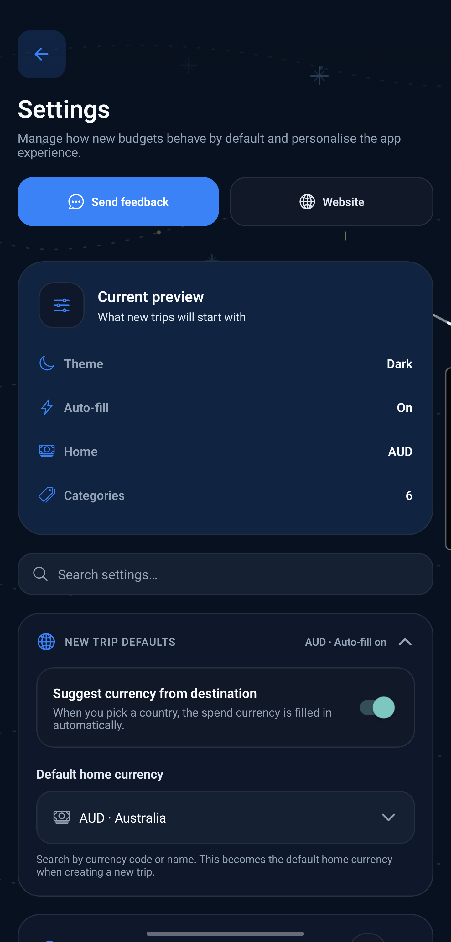Settings — 12 languages, dark mode, and your home currency